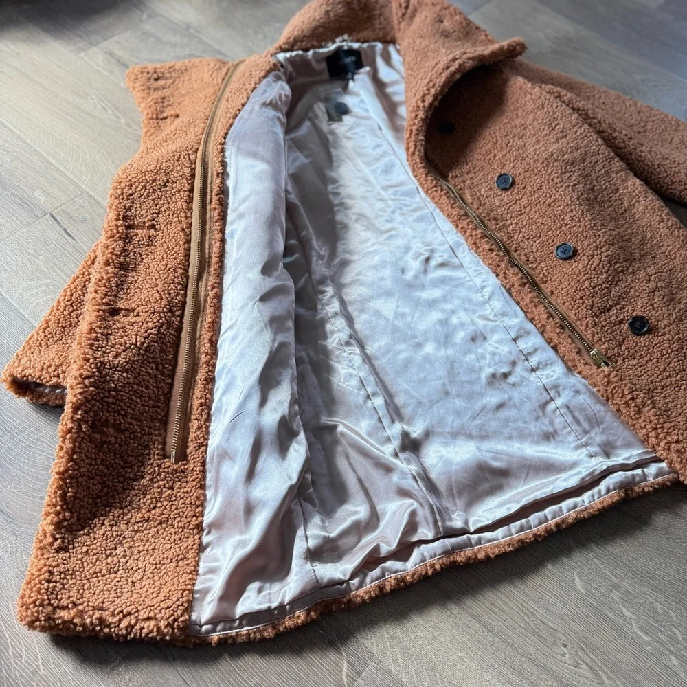 NWT J.Crew Villa Coat Teddy Sherpa Mid Length Adobe Clay Brown sz 8 zip button - Picture 8 of 15